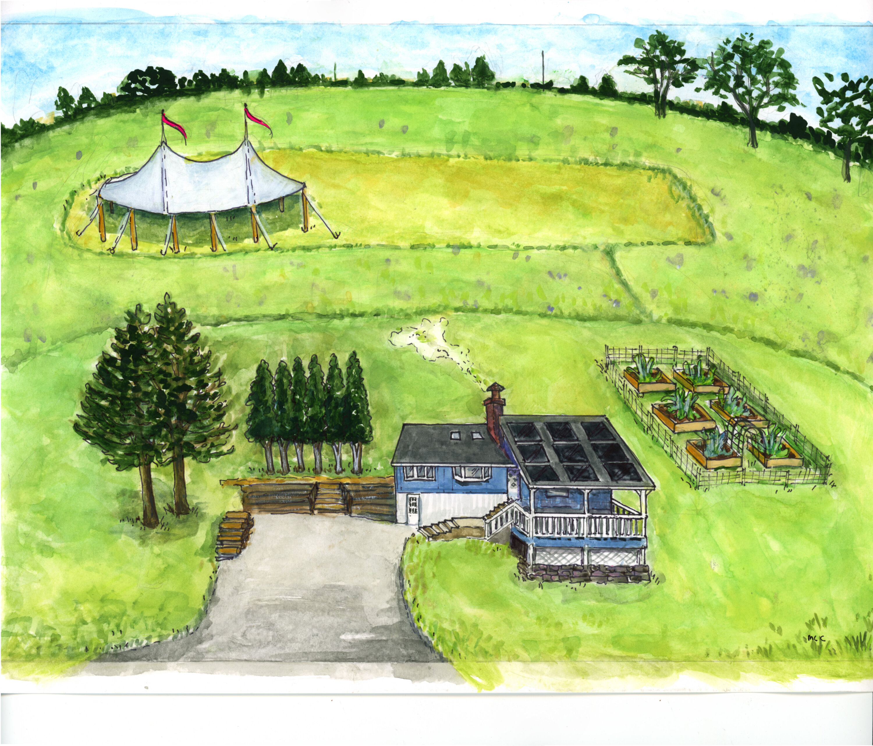 Watercolor illustration of the house, tent, and garden in Swan Lake by Mary Citarella.